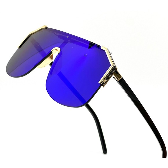 Shield Sunglasses Blue Mirrored Lens‎ Gold Trim Fashion Visor Sun Glasses Gafas - Picture 1 of 4